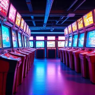 Helder verlichte arcadekasten in een strakke opstelling
