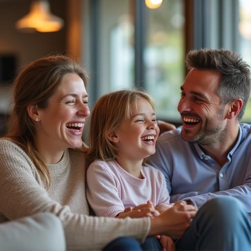 Familie de Vries lacht in de lounge van het center